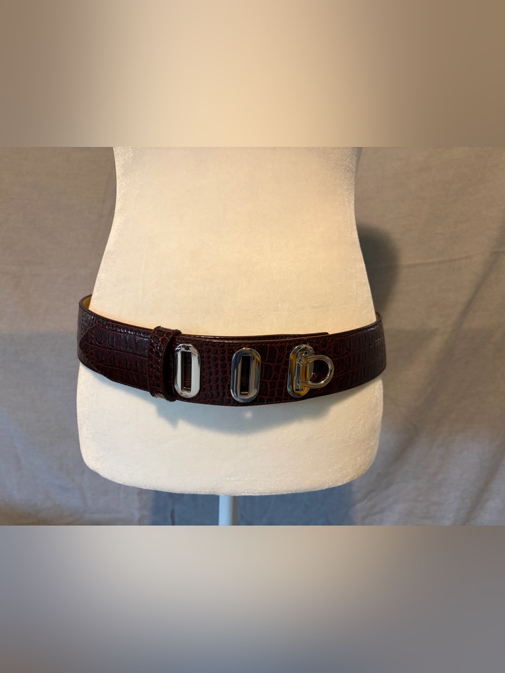 Women’s Dark Burgundy Croc-Embossed Leather Belt with Silver Hardware